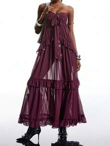 LYSMO 2025 Mới Đến Phong Cách Tối Giản Mùa Đông Màu Trơn Trang Trí Kim Sa Đầm Không Dây Cho Nữ Đầm Maxi Tím Đầm Maxi Xếp Ly Đầm Maxi Dài Đầm Maxi Boho Đầm Dài Đi Nghỉ Cho Nữ Đầm Maxi Không Dây Đầm Maxi Cho Nữ - Màu Đỏ Sâu - Xem 4