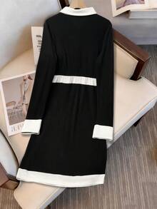 GlowEve 时尚新款优雅女式针织修身纽扣装饰前开撞色长袖中长连衣裙