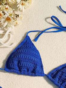 Summer Beach Solid Halter Triangle Bikini Set - Royal Blue - View 4