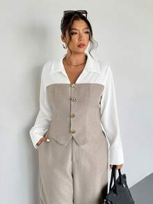 Firerie 加大码杏色仿亚麻拼布衬衫和宽松直筒西装裤两件套，休闲优雅，适合通勤、教学、返校、商务休闲办公穿着 - 彩色 - 查看 5