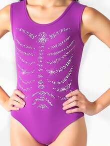 SHEIN Mallas de Halloween para niñas preadolescentes, con gráficos de rhinestones, para gimnasia, competiciones escolares y ropa deportiva - Morado - Ver 5