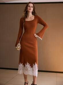 MOTF PREMIUM WOMEN'S LACE PATCHWORK FITTED KNIT DRESS, AUTUMN/WINTER - Orange - View 3