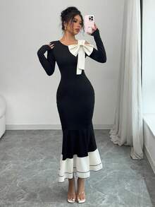 SHEIN PETITE Women's Asymmetric Collar Bow Patchwork Fitted Elegant Long Sleeve Dress - Apricot - View 4