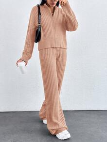 EURMUSE Drop Shoulder Zip Up Cardigan & Knit Pants ,Petite Women - Dusty Pink - View 4