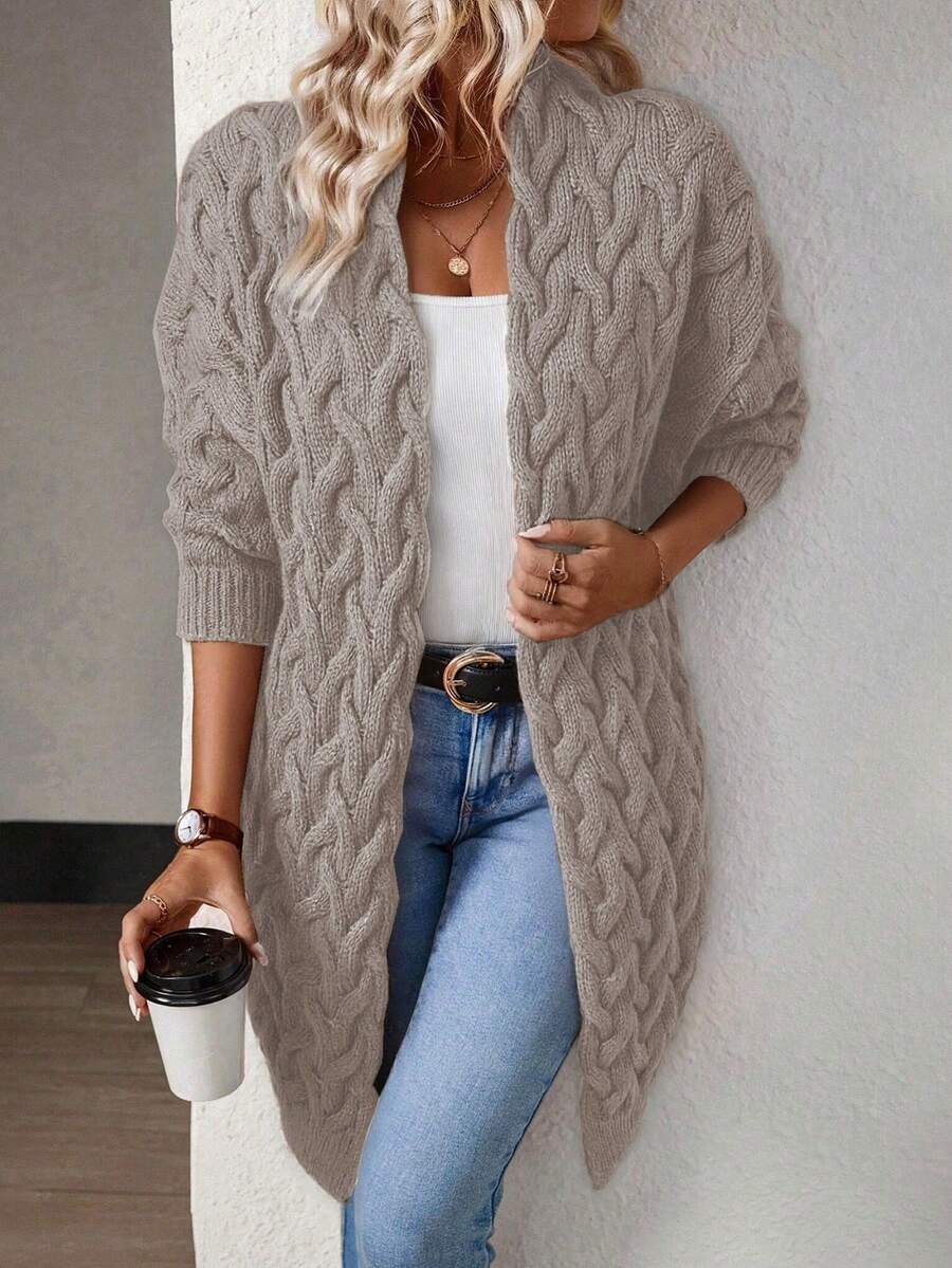 EMERY ROSE 女式休闲落肩扭纹针织开衫，秋冬 - 摩卡棕 - 查看 1