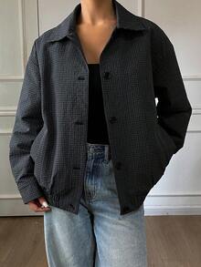 Livesso Women's Loose Business Casual Striped & Plaid Stand Collar Jacket, Street Fashion Regular Outerwear For Autumn & Winter Women Coats - Blue - View 5
