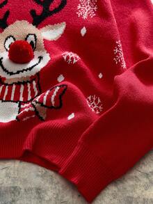 AXEPEAK Men's Christmas Snowflake & Reindeer Pattern Loose Fit Long Sleeve Sweater, Autumn/Winter - Red - View 4