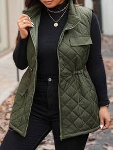 Calvaya Damen Cargo Weste mit Kordelzug Taille und Taschen in Große Größen, Steppweste, Winterkleidung Herbstkleidung, für Weihnachten - Armeegrün - Übersicht 7