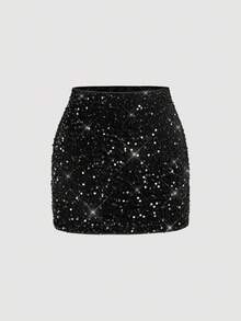 SHEIN MOD Minifalda de fiesta con lentejuelas de moda para mujer, falda de lentejuelas, falda negra, falda de lujo para eventos de noche, playa, primavera/verano, disfraz sexy para mujer, primavera, San Valentín, fiesta, playa, vacaciones de verano, falda con brillo - Negro - Ver 3