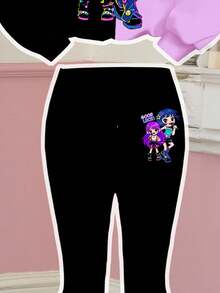 SHEIN Leap Crew 2pcs/Set Tween Girls Streetwear Contrast Color Purple & Black, K-POP Cartoon Girl Graphic Thick Soft Comfortable Loose Crew Neck Long Sleeve Sweatshirt And Flare Pants, Suitable For Autumn Daily, Streetwear, Campus, Autumn & Winter Outfits - Multicolor - View 4