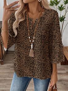 EMERY ROSE Plus Size Casual Leopard Print Shirt Cheetah Print,Summer/Spring - Brown - View 1