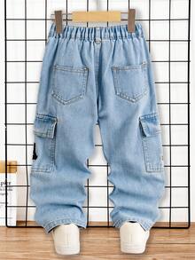 男童休闲宽松直筒牛仔裤，可爱刺绣图案，中蓝色水洗牛仔布，适合小男孩，春秋新品 - 淺色水洗藍 - 查看 2