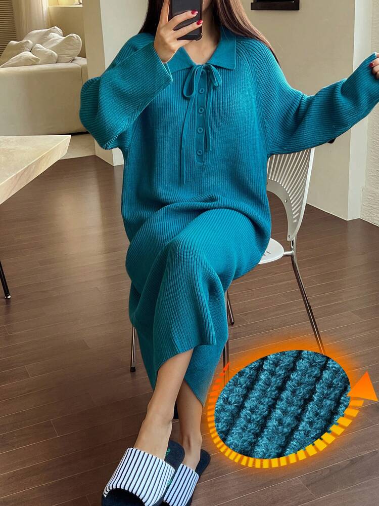 Women's Simple Solid Color Tie Collar Loose Knit Long Dress Loungewear, Winter, Moo Moo Night Dress