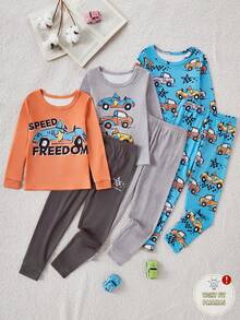 3 件套小男孩卡通汽车和字母印花圆领长袖上衣和裤子睡衣套装 - 彩色 - 查看 6