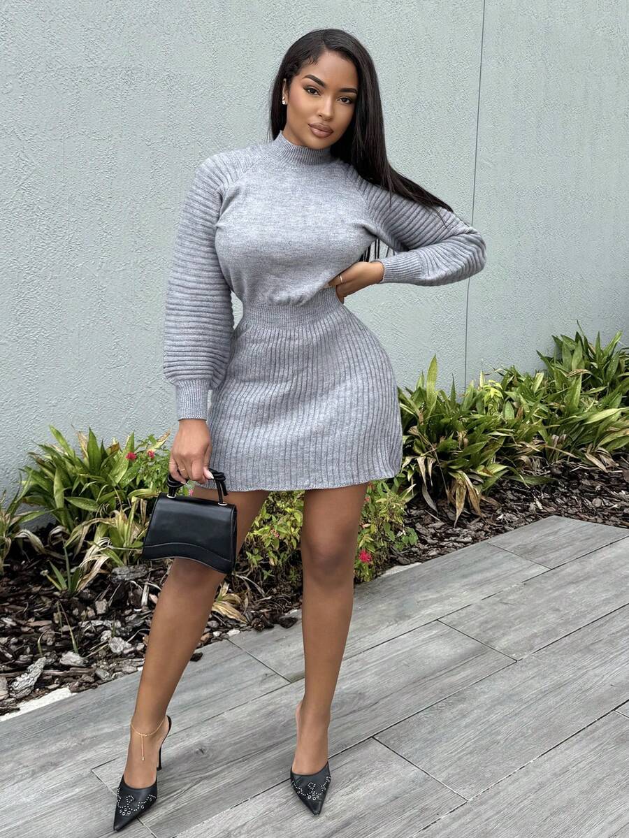 Alexandranx 秋季女装灰色毛呢连衣裙收腰A字显瘦针织裙灯笼袖高领毛衣连衣裙冬季女装 - 灰色 - 查看 1