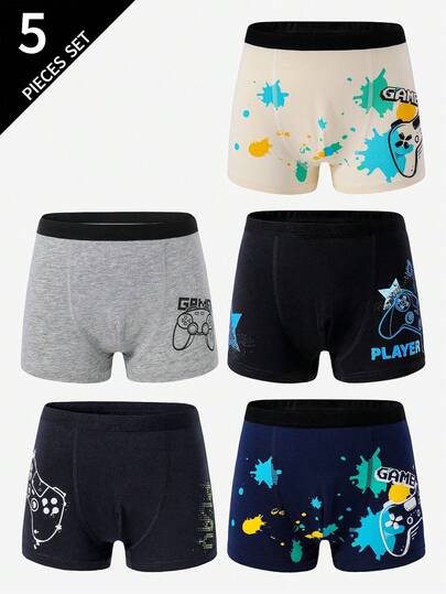5pcs Fun Video Game Print Cotton Boxer Briefs For Young Boys, Comfortable Underwear