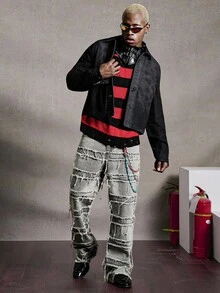 Manfinity EMRG Men Distressed Laser Washed Black Denim Top, Fall - Blue - View 5