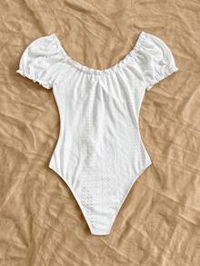 Soleia Spring/Summer New Casual Vacation Western Beach Wedding Guest Attire Graduation Brunch Women's Outfit St. Patrick's Day Spring Break Easter Music Festival Elegant Boho Tropical Elegant Knit Texture Puff Sleeve Ruffle Hem Valentine's Day Bodysuit For Women - White - View 2