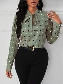 Xyvia 波尔卡圆点系带衬衫 - 橄欖綠 - 查看 3