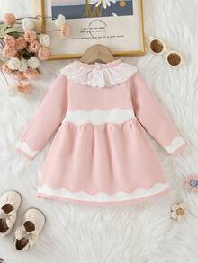 SHEIN Baby Mädchen gerüschter Kragen Langarm gestricktes Sweaterkleid, elegantes besticktes Design, bequem für Herbst/Winter, vielseitig für Alltag, Zuhause, Ausflüge, Reisen, Schule, Kinderbetreuung, Rosa - Pink - Übersicht 2