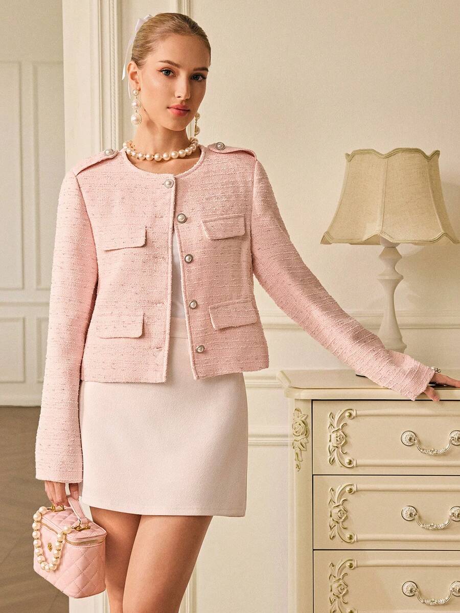 Revavyn Áo khoác vải tuýt thanh lịch với chất liệu vải chỉ bạc, trang trí túi, thiết kế đa năng dành cho nữ - Hồng - Xem 1