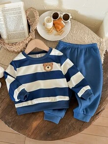 LMoss Kids LMoss 2pcs Baby Boy Knitted Striped Crew Neck Casual Sweatshirt And Pants Set, Baby Boys 2pcs, Baby Set Autumn Winter Season, Baby Boy Two Pieces Set, Baby Boy Clothes Long Sleeve, Cozy Fall & Winter Styles, Long Sleeve Tops, - Multicolor - View 4