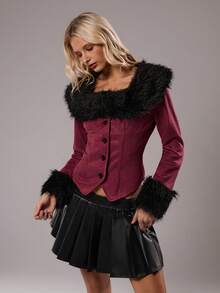 TRNVIE 1pc Women's Thin Jacket, Red, Autumn, Faux Fur Collar, Patchwork, Casual/Daily Commute - Burgundy - View 4