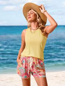 Sylviya 2pcs/Set Butter Yellow Contrast Geometric Retro Pattern Crew Neck Top And Shorts Women Summer Outfit Set Suitable For Going Out