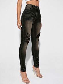 SHEIN Essnce 纯色做旧口袋紧身时尚牛仔裤 - 黑色 - 查看 3