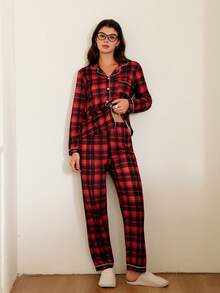 SHEIN Women's Casual Red Plaid Print Long Sleeve Top & Pants Pajama Set With Collar Fall Winter Clothes, Christmas - Multicolor - View 5