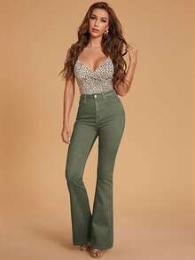 Selenza Casual Washed High Waist Slim Fit Flare Leg Jeans - Army Green - View 3