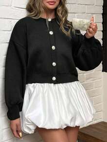 EURMUSE Classic Front Button Round Neck Casual Versatile Long Sleeve Cardigan - Black - View 5