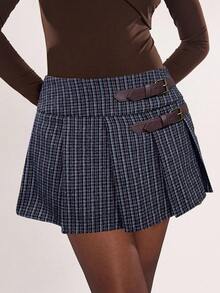 SHEIN BAE Women's Fashion Houndstooth Pleated Skirt - Black - View 6