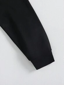 SHEIN 青少年女孩长袖圆领拉链运动衫，配有抽绳腰部口袋裤子两件套，适合日常休闲穿着，秋冬季 - 黑色 - 查看 3