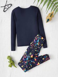 2 pièces Ensemble de pyjama à manches longues et pantalon ajusté avec imprimé luminescent pour garçons