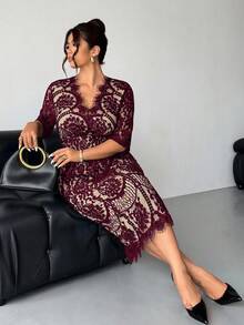 Firerie Plus Size Spring/Autumn Comfortable Casual Elegant Resort Underwire Lace Contrast Lining Stretchy Women Long Sleeve Dress For Office Burgundy/New Year - Burgundy - View 3