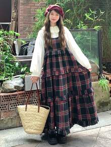 FRIFUL 女士格子极简吊带连衣裙 夏季女装 - 紅色 - 查看 5