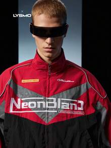 NEON BLANC X LYSMO COLLAB Áo khoác dài tay in chữ màu tương phản dành cho nam, Đồ đôi - Đỏ - Xem 7