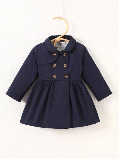 SHEIN Playful Pals Baby Girls' Floral Lining All-Match Trench Coat, Versatile For Everyday Wear, Autumn/Winter Baby Girl Fall Clothes Jackets Baby Girl Coats Navy Blue Baby Dress