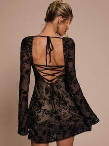 SHEIN BAE Black Flocked Long Sleeve A-Line Backless Tie Strap Elegant Mini Dress For Women, Suitable For Cocktail Party, Romantic Date, Autumn/Winter Layering, Party, Formal Gathering, Night Out - Black - View 2