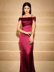 缎面和网眼拼布无袖紧身连衣裙，高端青少年风，适合婚礼、舞会、生日派对、返校节、毕业典礼、圣诞节、万圣节 - 酒紅色 - 查看 7