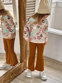 2pcs Young Girl Casual Floral Print Sweatshirt And Solid Color Flared Pants Set, Cute Knitted Outfit For Autumn - Multicolor - View 4