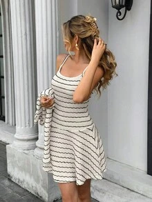 Chiquease New Autumn And Winter Style 2025: French Elegant Commuting Two - Piece Set, Including A Knitted Striped Jacket And A Spliced Lace Camisole Dress. The Knitted Jacket Has Delicate Stripes And A Soft Texture; The Camisole Dress Adds Romantic Details With Lace Splicing. The Overall Shape Is Simple Yet Exquisite, Easily Suitable For Various Occasions Such As Commuting, Bringing An Elegant Atmosphere To Autumn And Winter Outfits. - Apricot - View 4