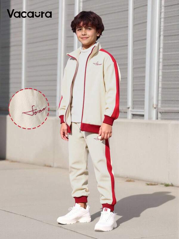 SHEIN 2 Stücke Kontrast-Stickerei Reißverschluss-Jacke und Hose Set für Tween Jungen