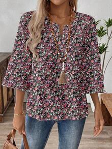 EMERY ROSE 休闲花卉图案 V 领 3/4 袖女式工作衬衫，春秋季 - 彩色 - 查看 4