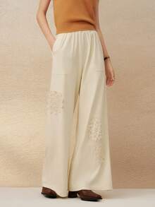 INAWLY Pantaloni largi pentru femei, stil casual, pentru naveta, stil de vacanță, cu talie cu șnur, cu buzunare oblice, din dantelă aplicată - Caisă - Vizualizare 1