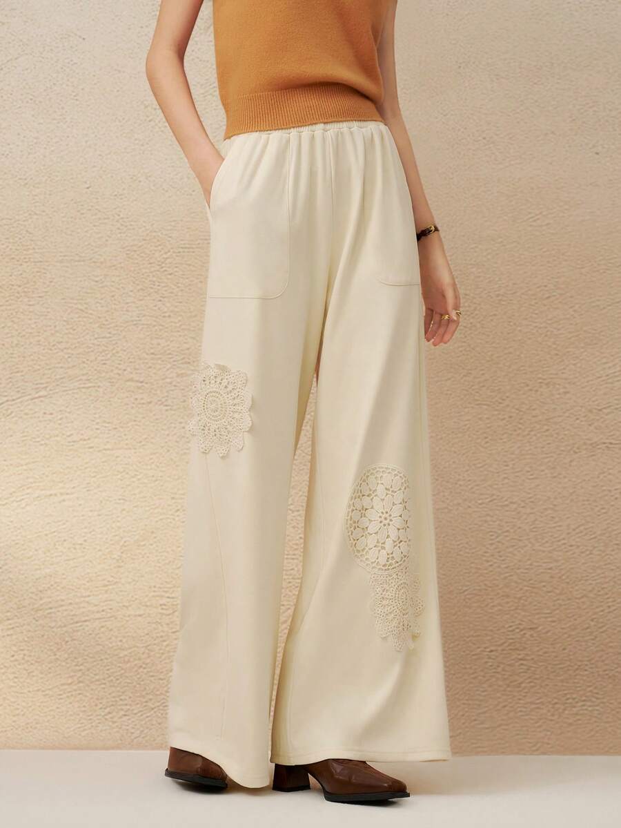 INAWLY Pantaloni largi pentru femei, stil casual, pentru naveta, stil de vacanță, cu talie cu șnur, cu buzunare oblice, din dantelă aplicată - Caisă - Vizualizare 1