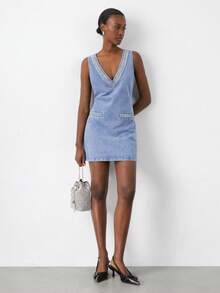 Maija 女士时尚通勤水钻装饰牛仔连衣裙 - 深色水洗藍 - 查看 5