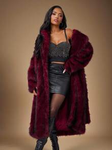 Radiana 优雅酒红色仿皮草长款外套，配腰带，保暖滑雪服外套，柔软蓬松的皮草大衣，适合秋冬季节；适合约会、聚会、派对、夜店、夜生活、圣诞节、新年、宴会、舞会、节日、派对；盛大晚宴；毕业舞会礼服 - 酒紅色 - 查看 7