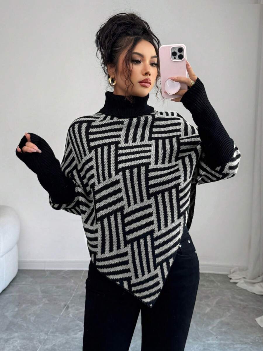 Elenzga Women's Elegant High Neck Geometric Textured Poncho Sweater, Colorblock, Suitable For Home & Travel, Spring/Autumn - Grey - View 1